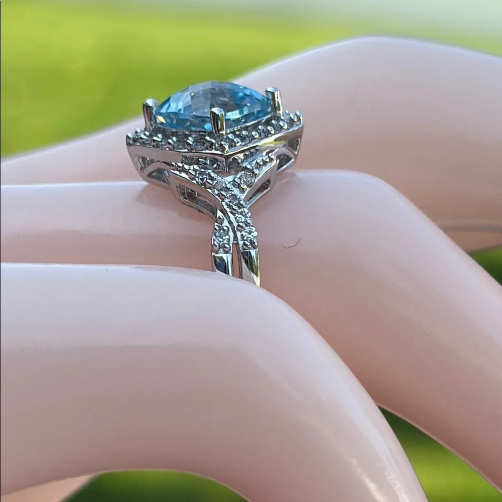 4.11 tcw Blue Topaz & White Topaz Sterling Silver Cocktail Solitaire Ring Sz 7 - Picture 5 of 11